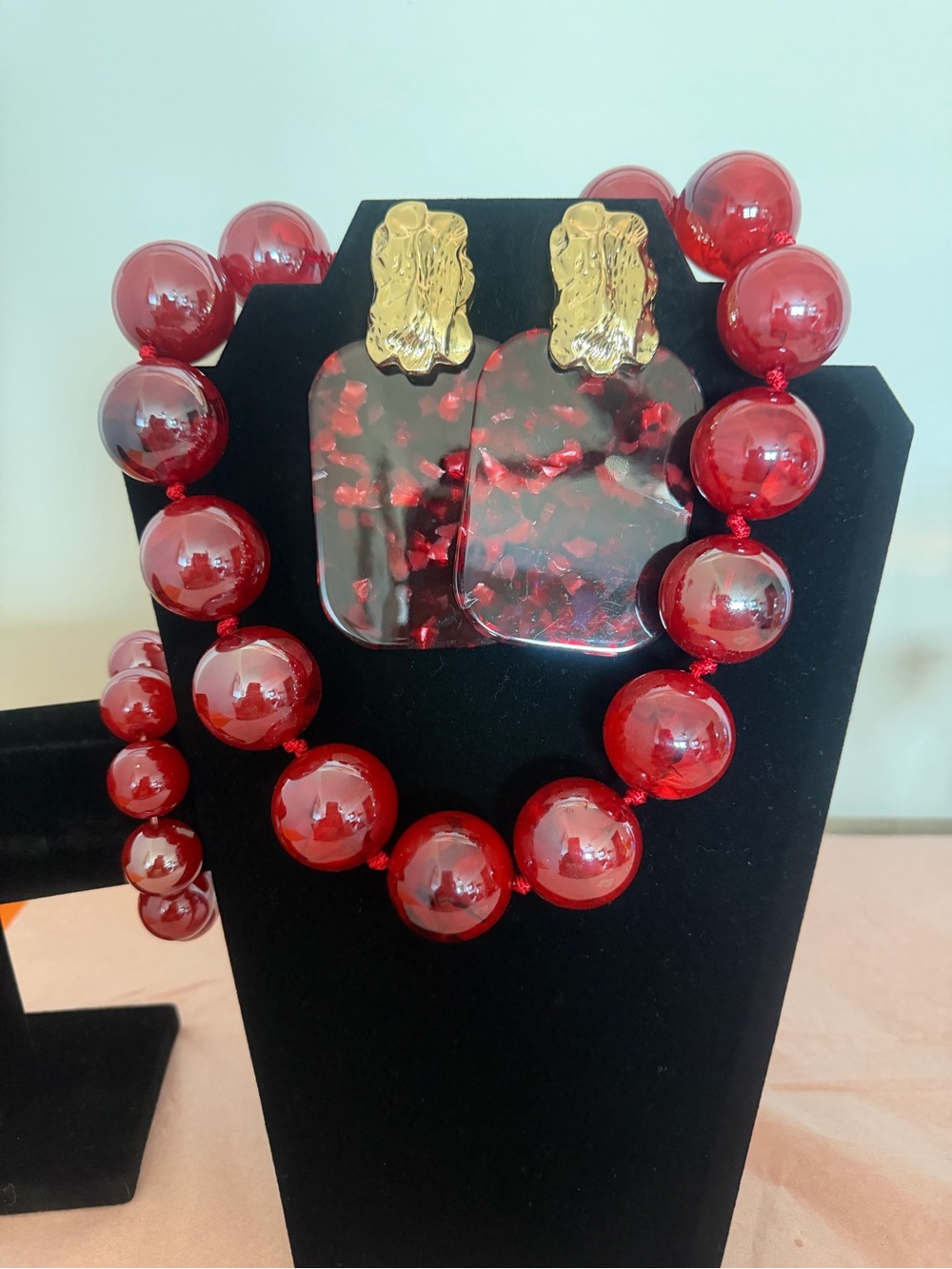 Cranberry Beaded Statement Necklace, Earrings  and bracelet Set - Women Jewelry